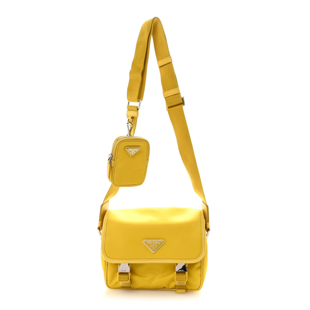 Prada Tessuto Nylon Saffiano Pocket Double Snap Buckle Messenger Shoulder Bag Giallo