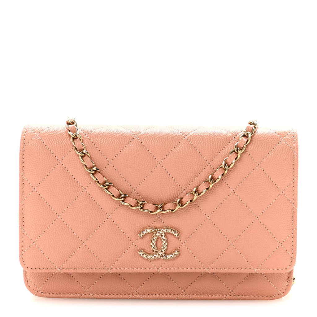 Chanel Caviar Quilted Perforated Metal CC Wallet On Chain WOC Beige