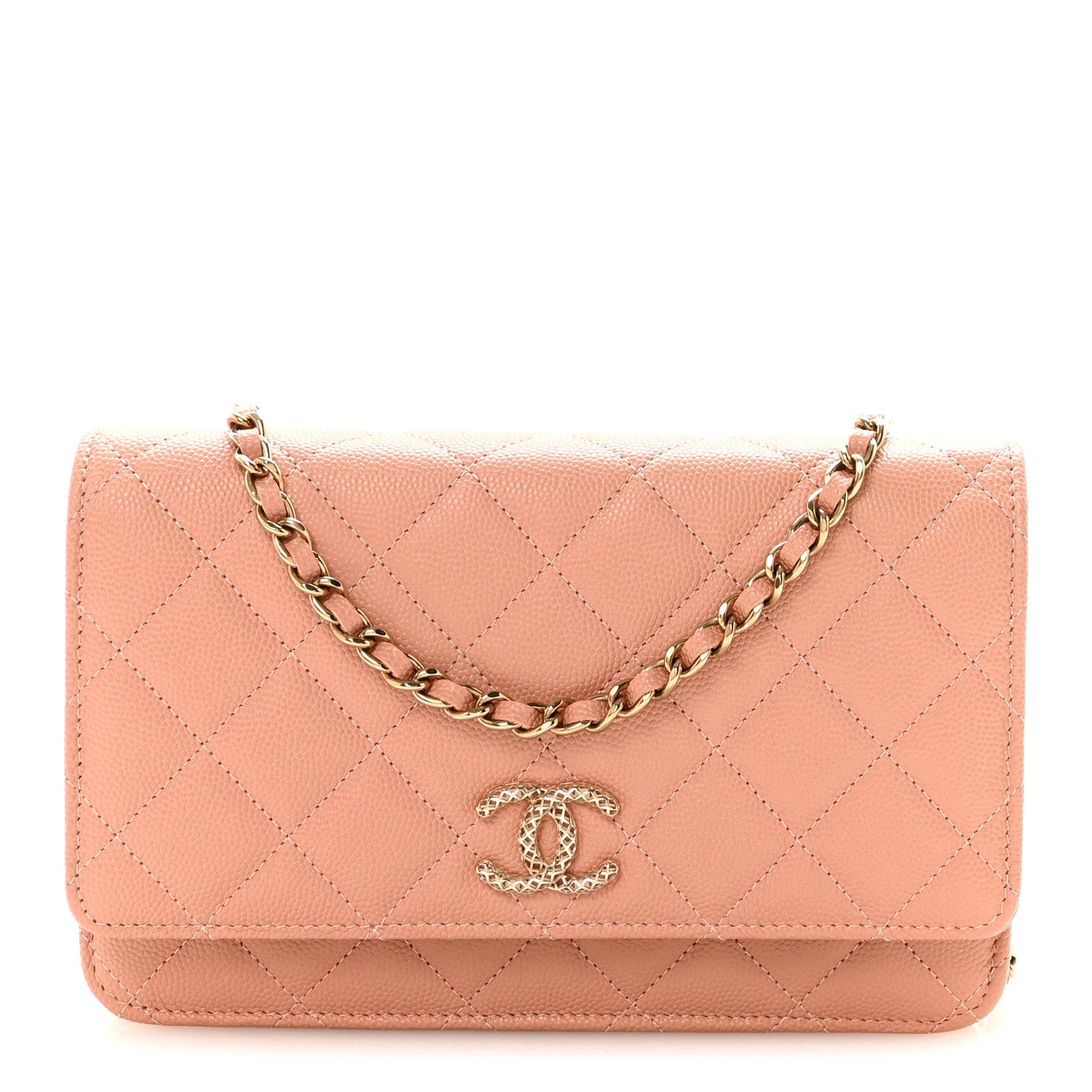 Chanel Caviar Quilted Perforated Metal CC Wallet On Chain WOC Beige
