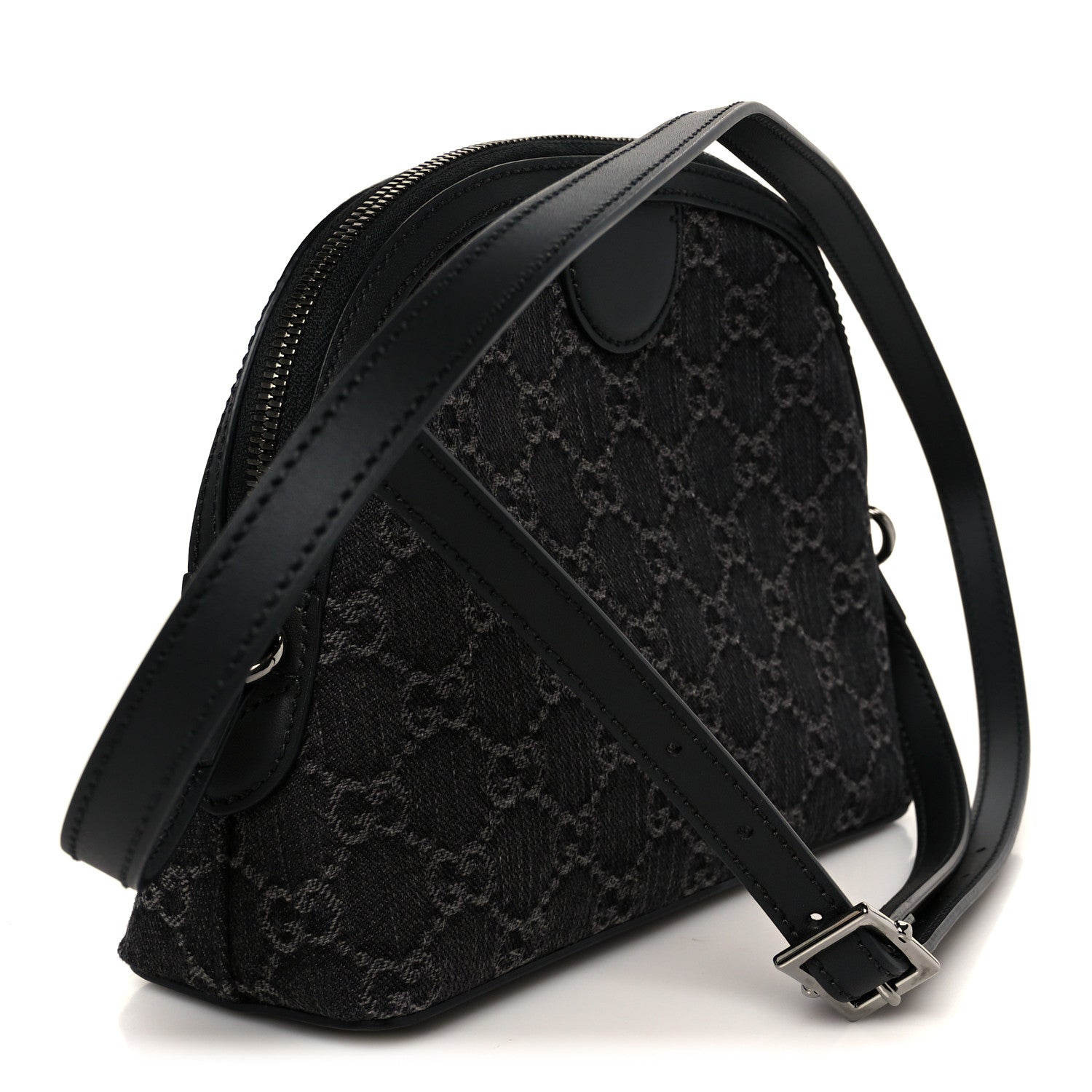 Gucci Denim Cuoio Harness GG Monogram Small Ophidia Dome Shoulder Bag Black Medium Grey