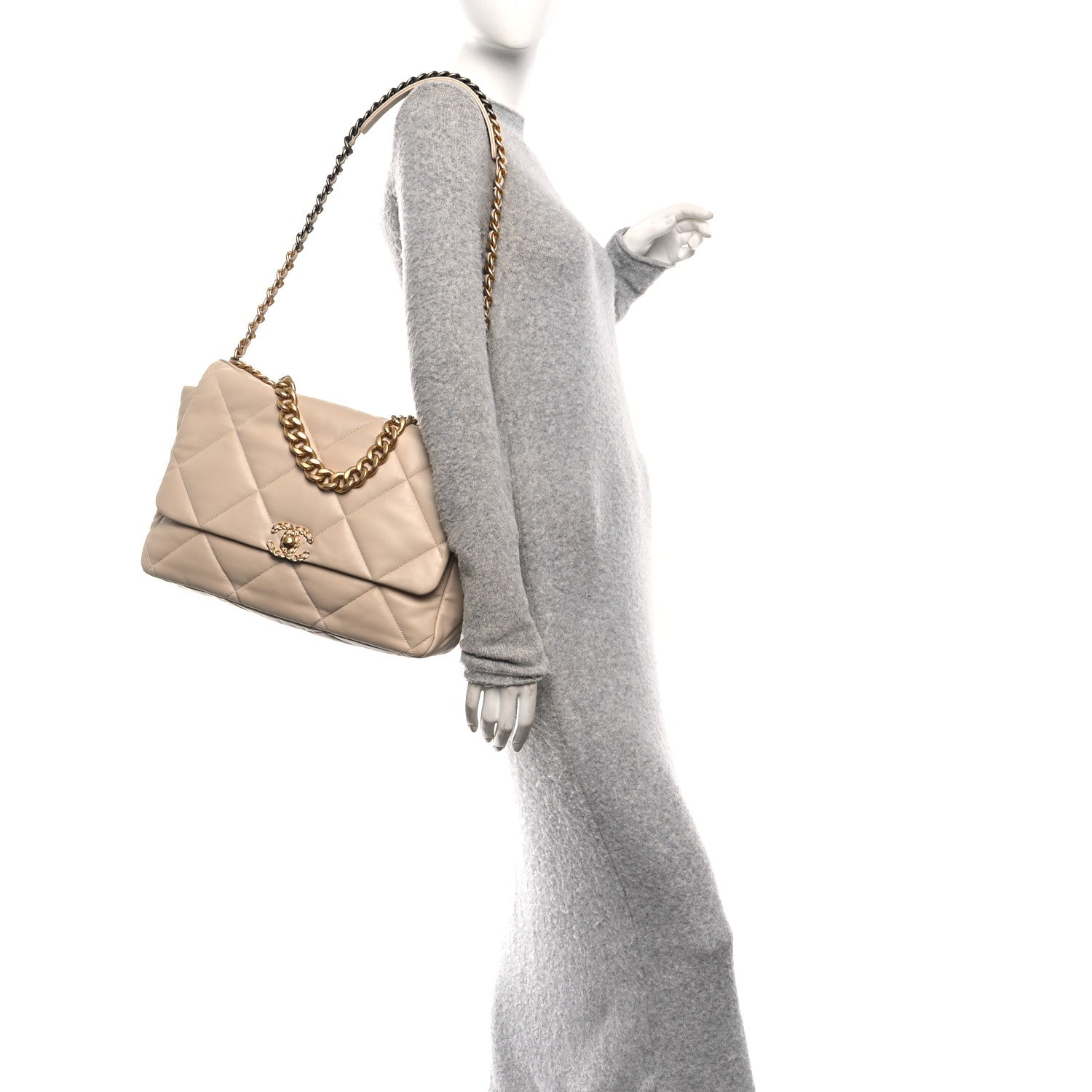 Chanel Lambskin Quilted Maxi Chanel 19 Flap Beige