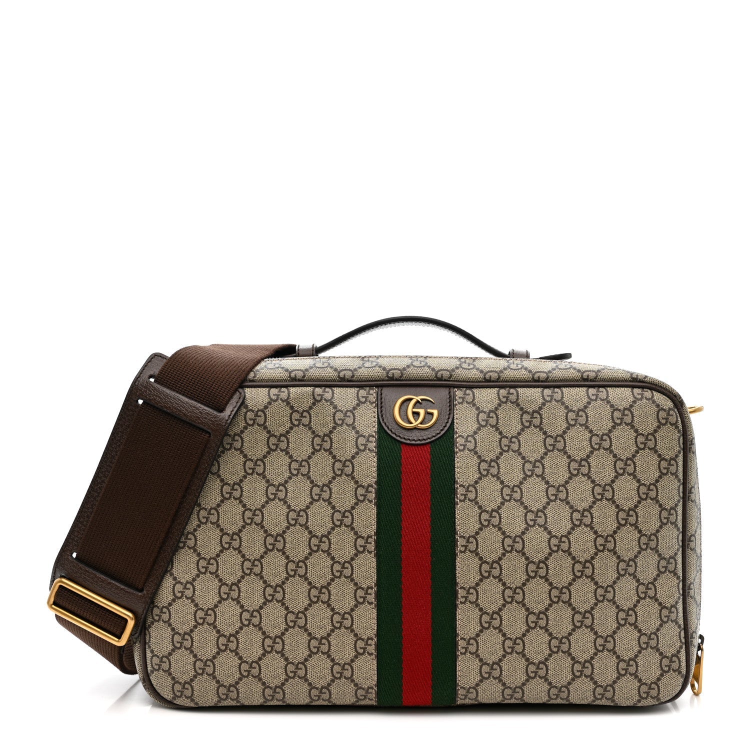 Gucci GG Supreme Monogram Textured Dollar Calfskin Web Savoy Shoe Case Bag Beige Ebony New Acero