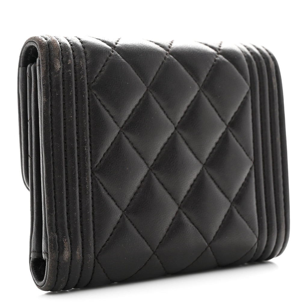 Lambskin Quilted Compact Boy Wallet Dark Grey