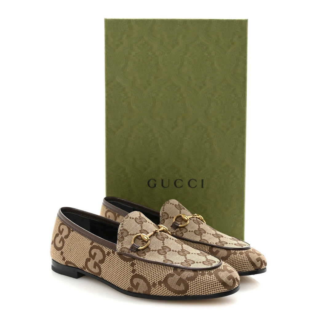 Gucci Monogram Jumbo GG Malaga Kid Horsebit Womens Jordaan Loafers 36.5 Camel Ebony New Acero Beige