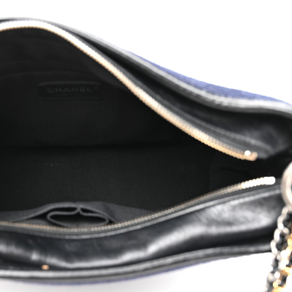 Chanel Calfskin Wool Embroidered Paris Hamburg Medium Gabrielle Hobo Dark Navy Blue