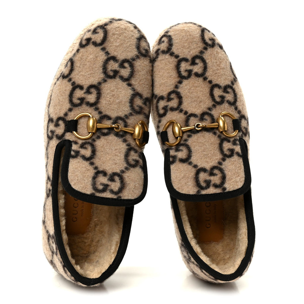 Gucci Covered Wool GG Monogram Womens Fria Horsebit Loafers 35.5 Beige Ebony Black Butterscotch