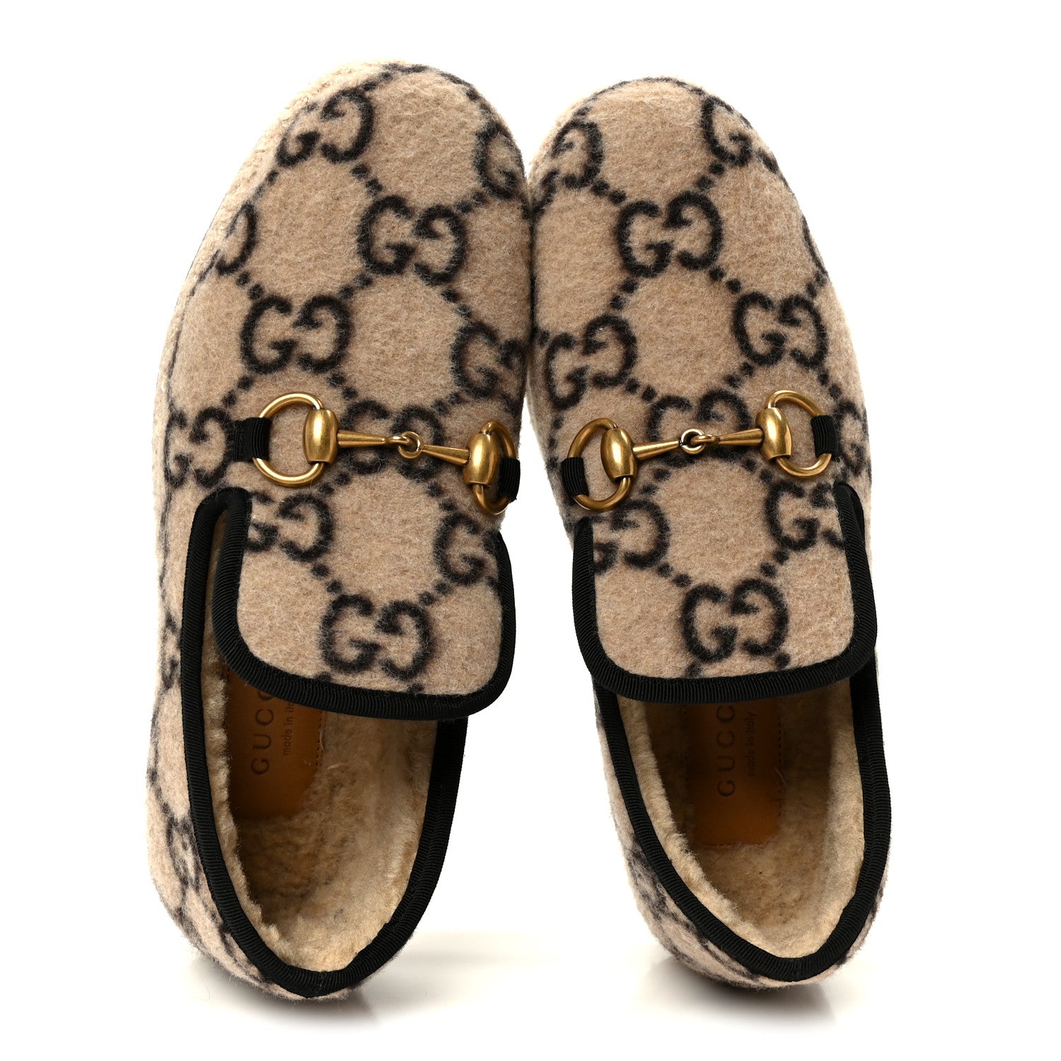 Gucci Covered Wool GG Monogram Womens Fria Horsebit Loafers 35.5 Beige Ebony Black Butterscotch