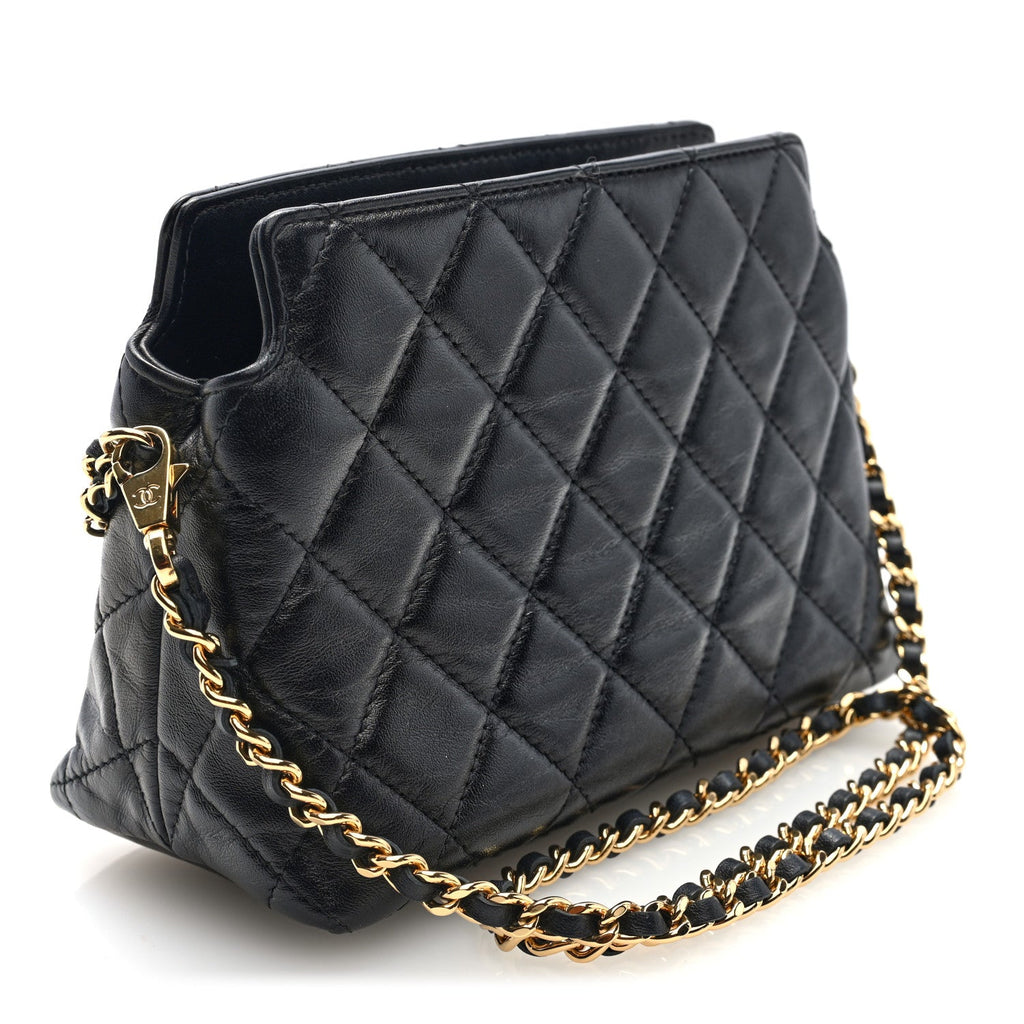Chanel Shiny Crumpled Calfskin Quilted Clutch With Chain Black