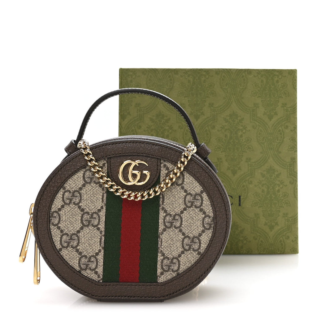 Gucci GG Supreme Monogram Top Handle Web Mini Ophidia Round Shoulder Bag Brown