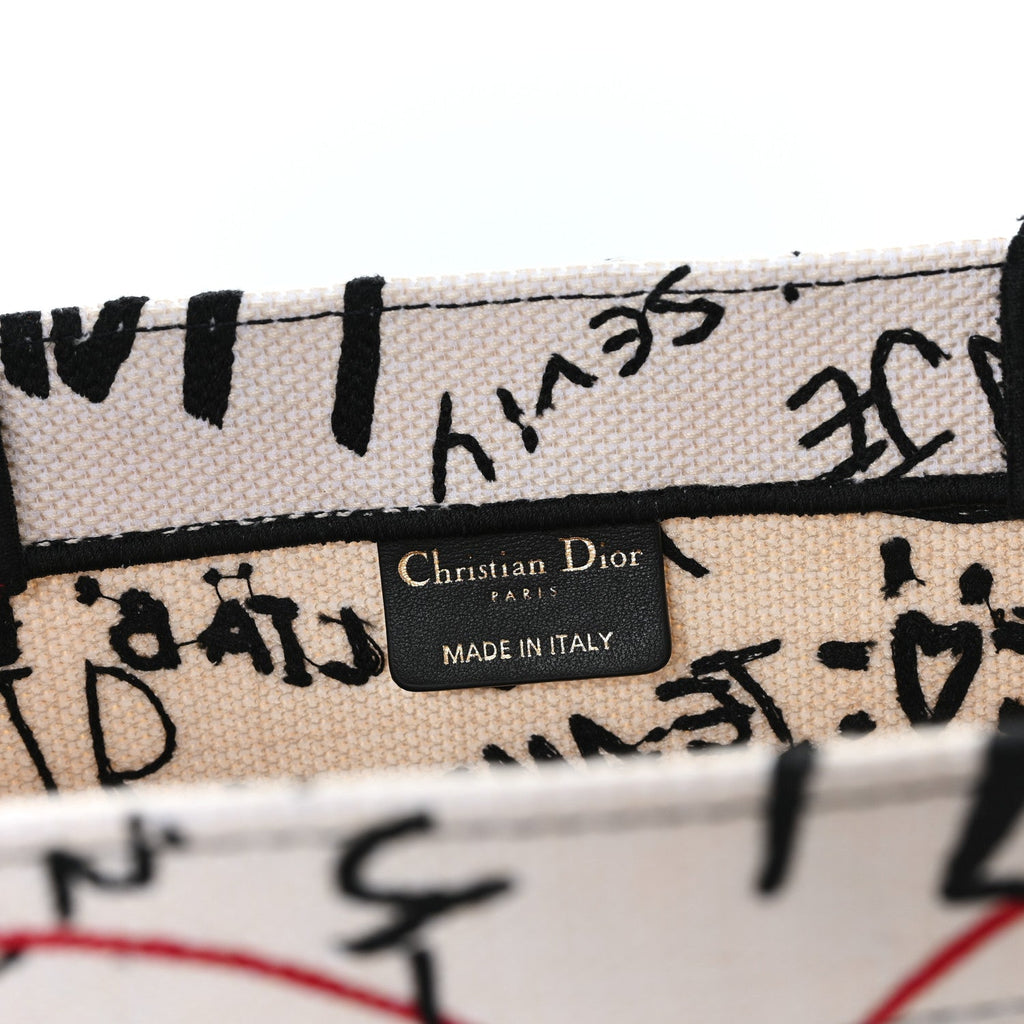 Christian Dior Canvas Embroidered Medium Dioramour Graffiti Book Tote Latte Multicolor