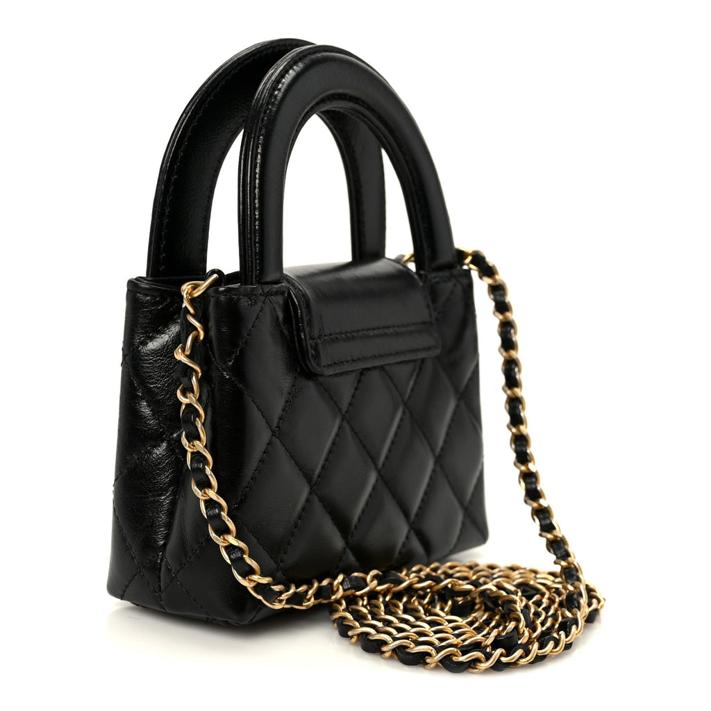 Chanel Shiny Aged Calfskin Quilted Mini Nano Kelly Shopper Black