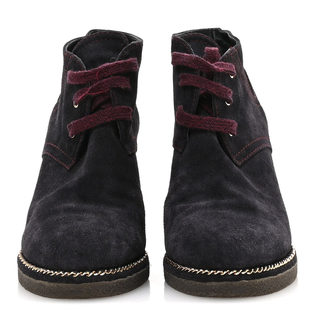 Chanel Suede Lace Up Wedge Booties 37 Dark Blue