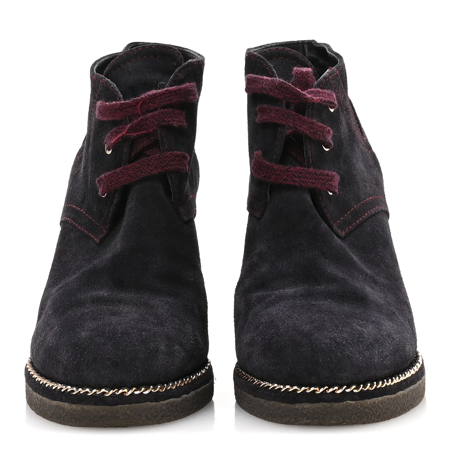 Chanel Suede Lace Up Wedge Booties 37 Dark Blue