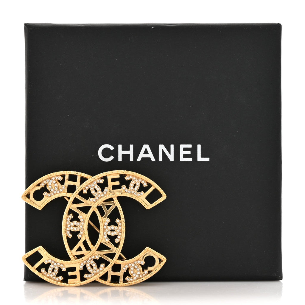 Crystal Coco CC Logo Brooch Gold