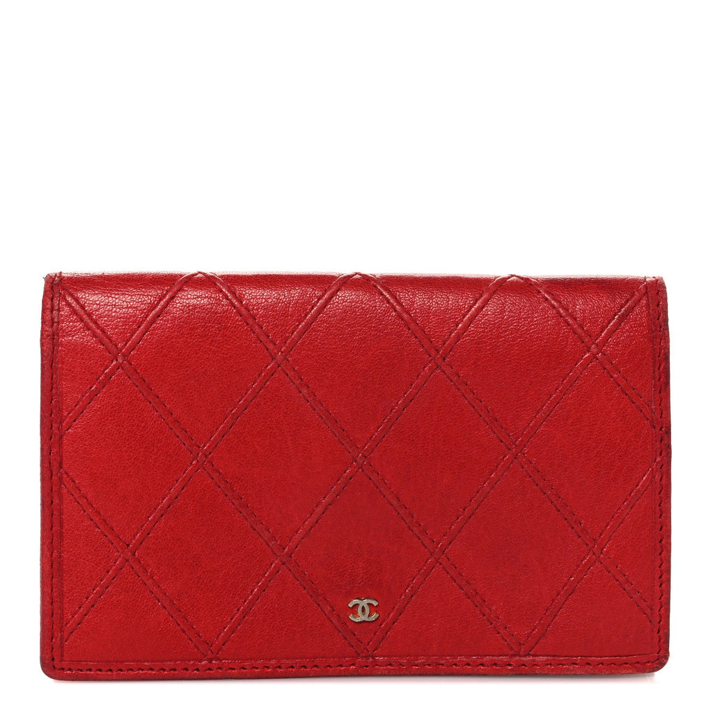 Lambskin Diamond Stitched Flap Card Case Red
