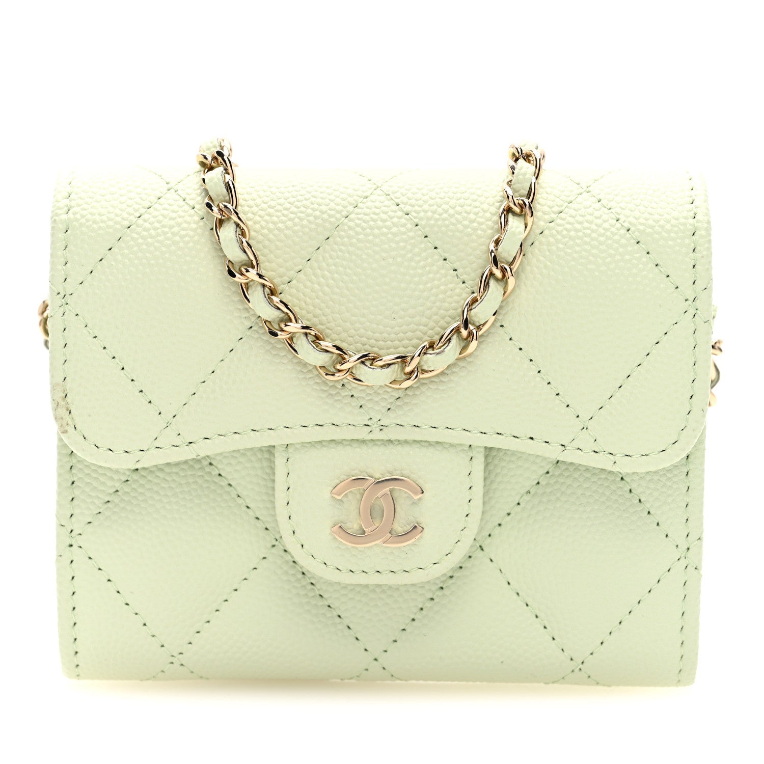 Chanel Caviar Quilted Flap Card Holder On Chain Light Green