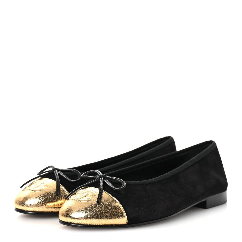 Chanel Suede Crackled Laminated Calfskin Cap Toe Ballerina Flats 36.5 Black Gold