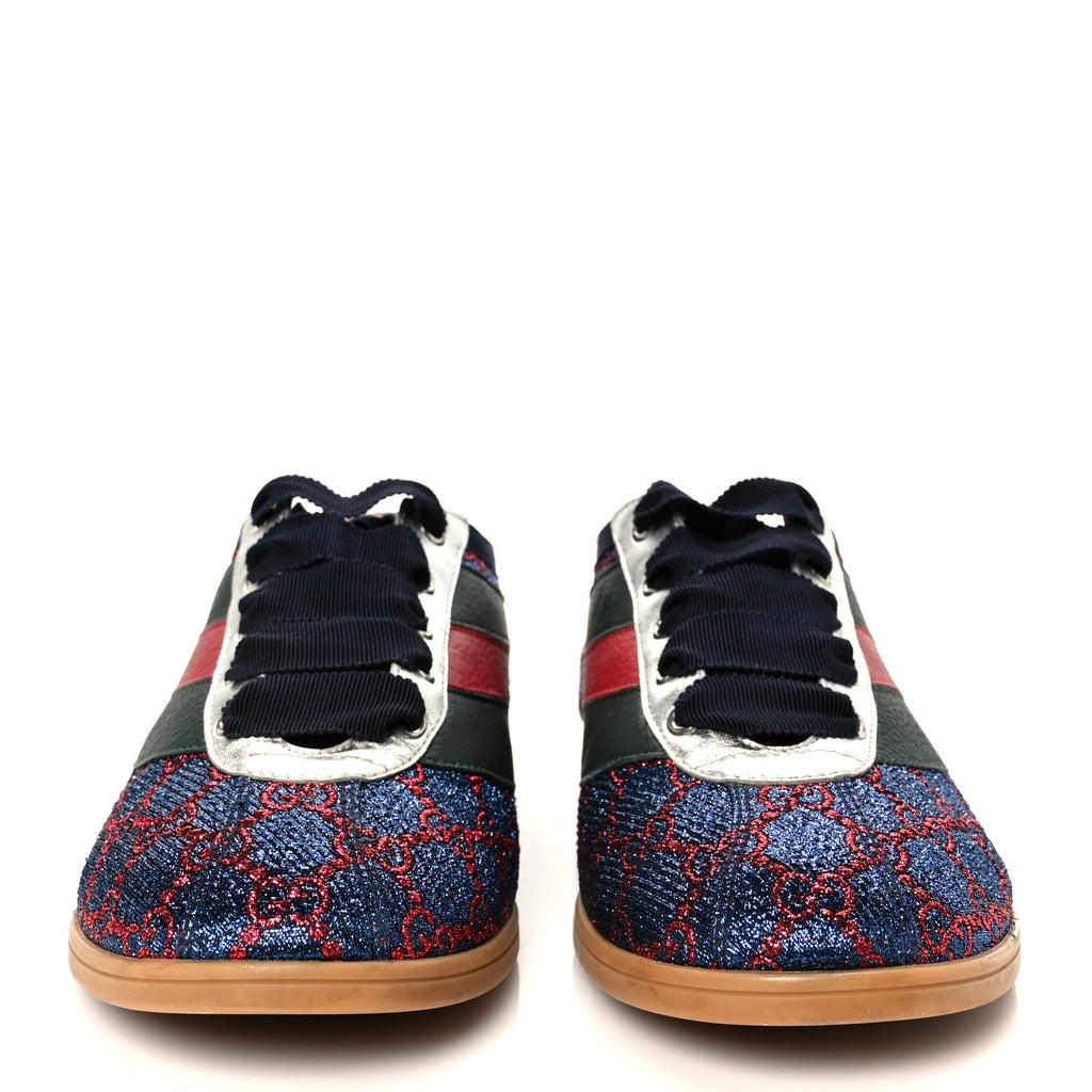 Gucci Lurex Calfskin Web GG Monogram Mens Falacer Sneakers 8.5 Iridescent Blue Iridescent Red Silver