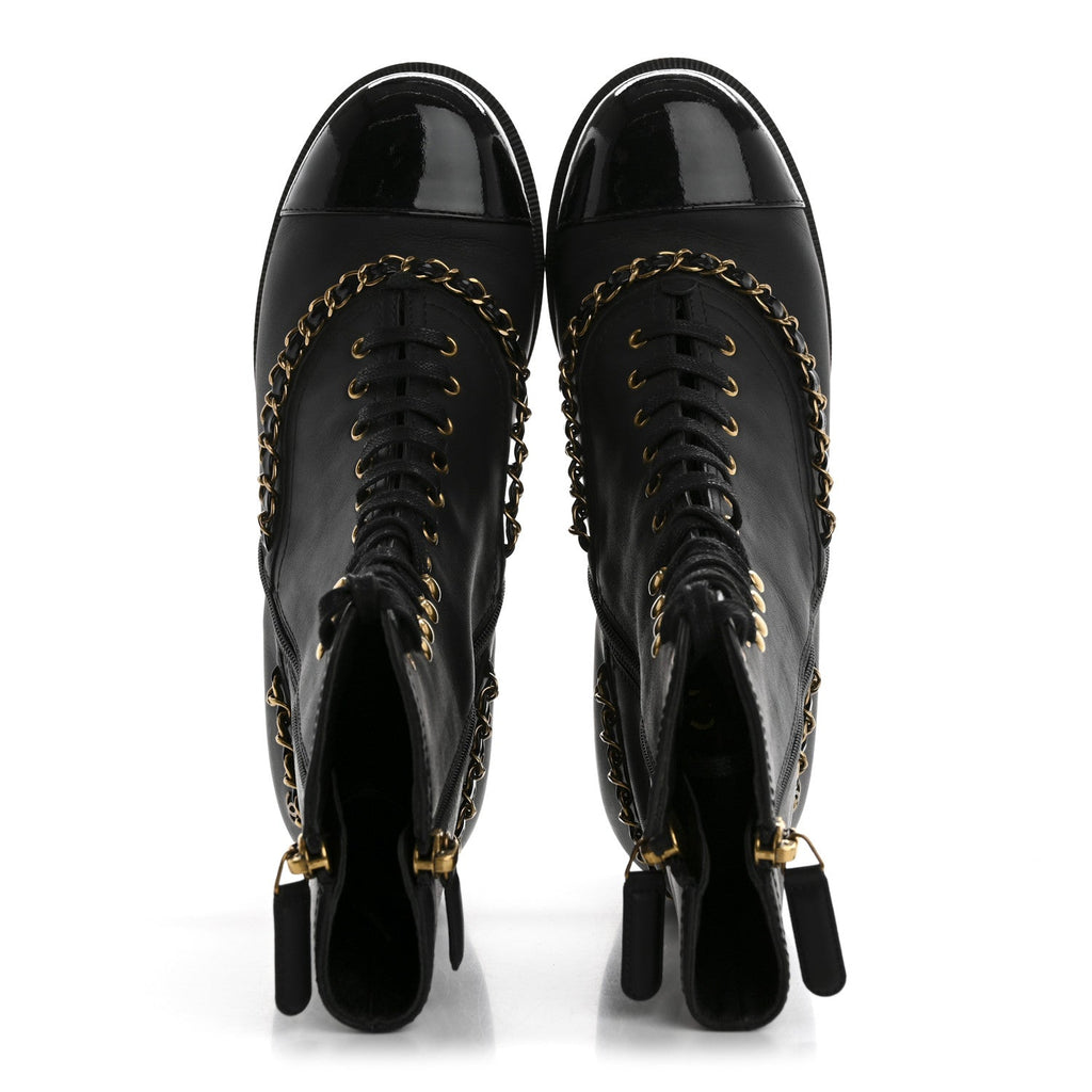Calfskin Chain Lace Up Boots 36.5 Black