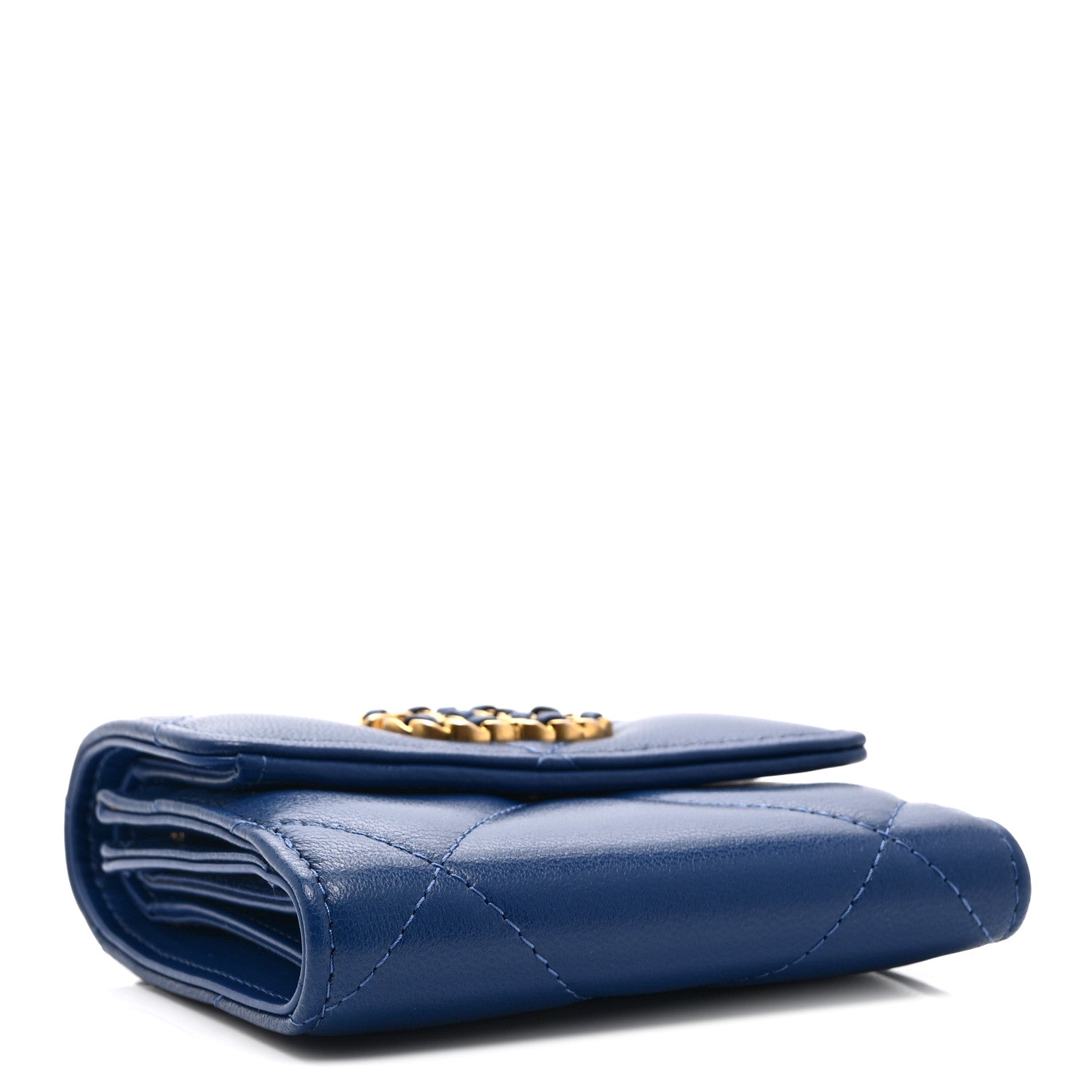 Goatskin Quilted Chanel 19 Small Flap Wallet  Blue
