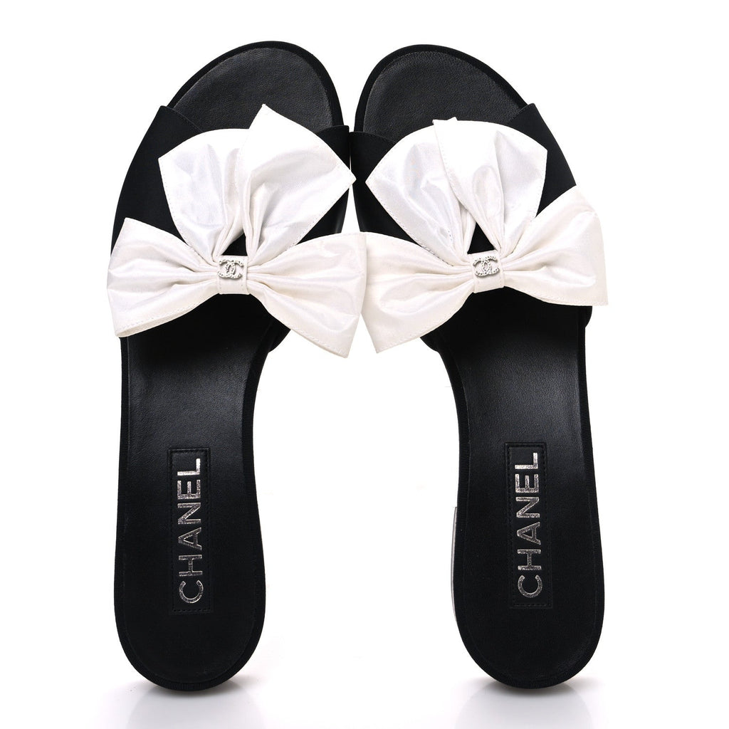 Chanel Silk Bow CC Mules 41 Black White