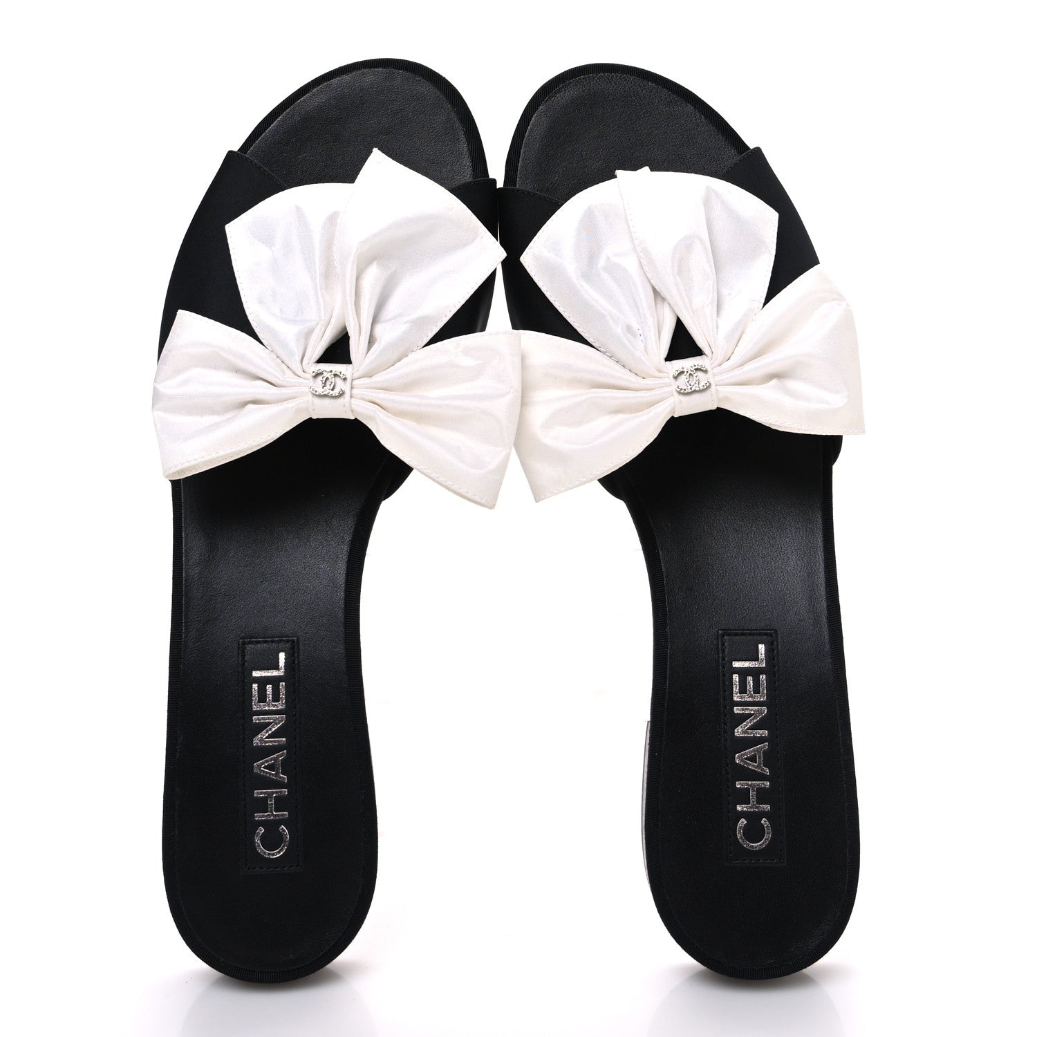 Chanel Silk Bow CC Mules 41 Black White