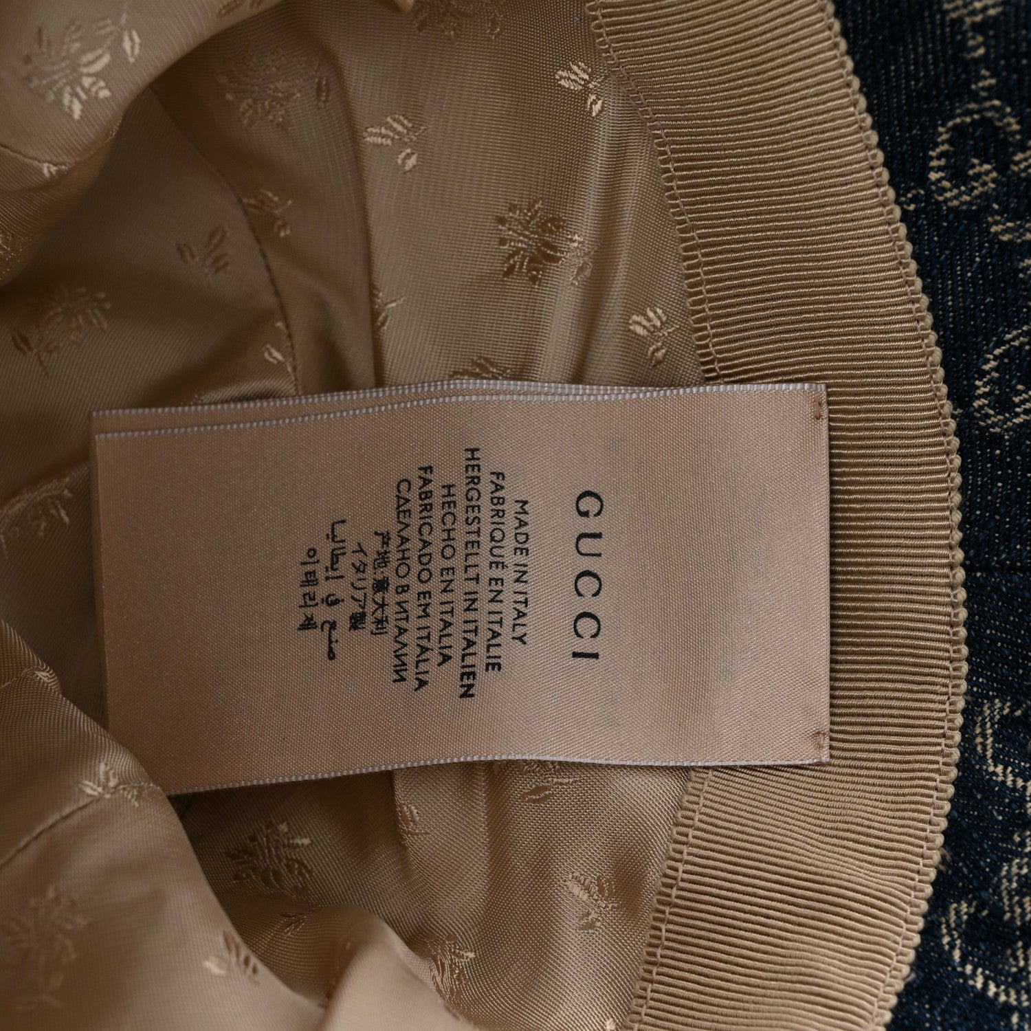 Gucci Washed Jacquard Denim Nappa GG Monogram Oscar Bucket Hat L Denim Cuir