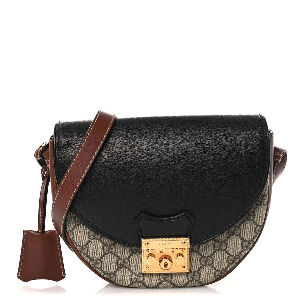 Gucci GG Supreme Monogram Calfskin Small Padlock Messenger Shoulder Bag Beige Black Cuir