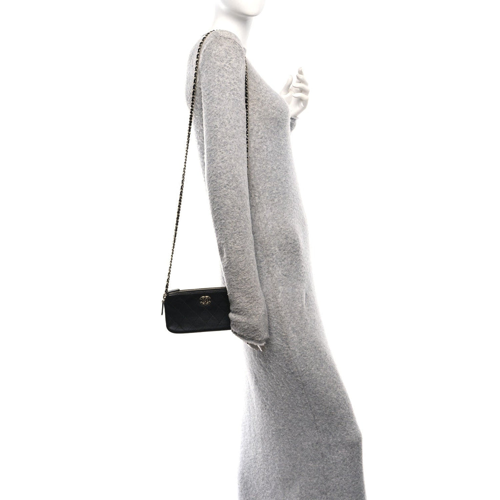 Chanel Goatskin Enamel Quilted Small Clutch With Chain Black