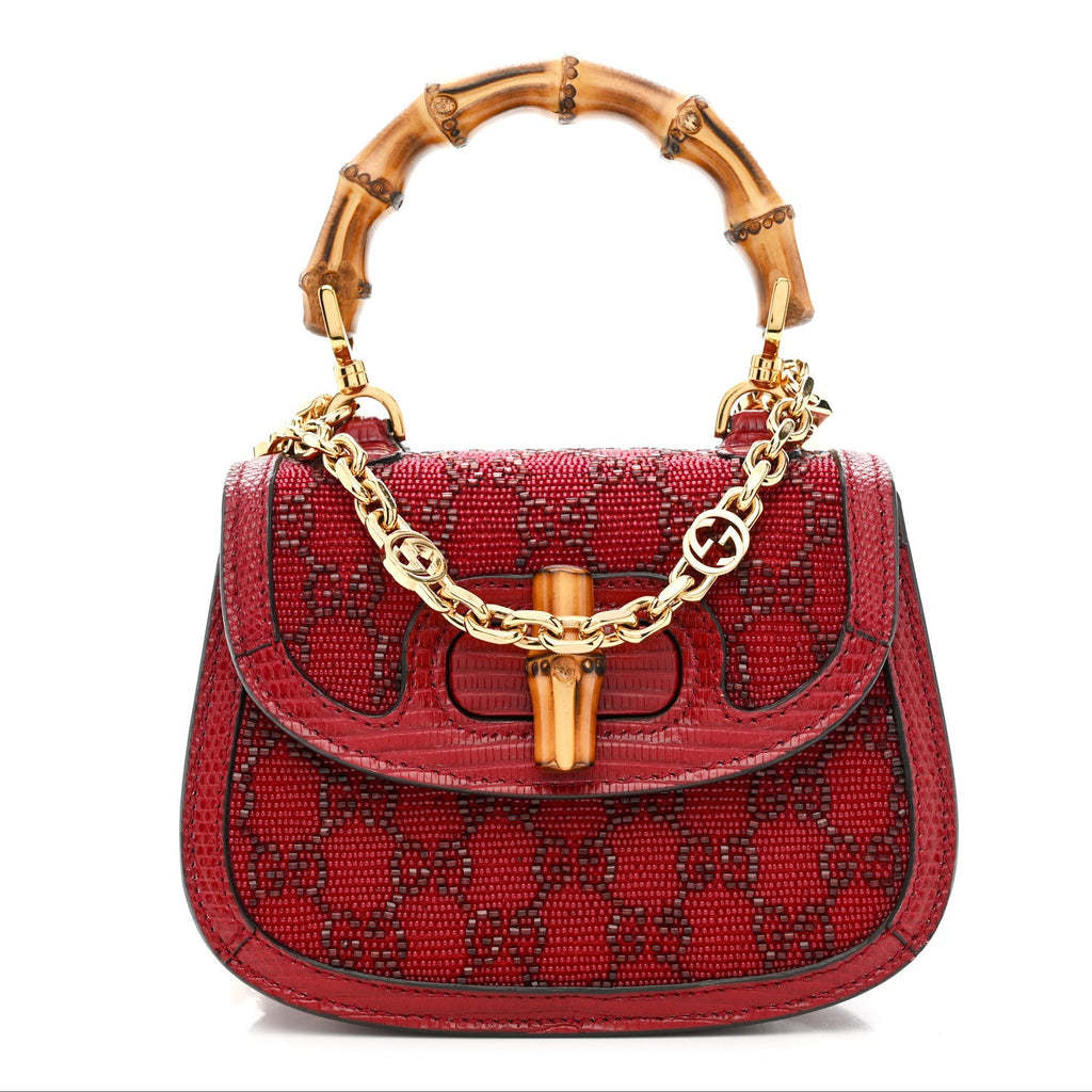 Gucci Moire Fabric Calfskin Rhinestone Monogram Monochrome Lizard Embossed Mini Bamboo 1947 Top Handle Chain Bag Red