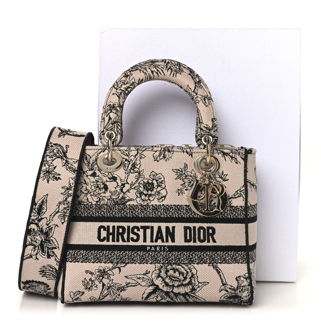 Christian Dior Canvas Embroidered Jardin Botanique Medium Lady D-Lite Light Pink Black