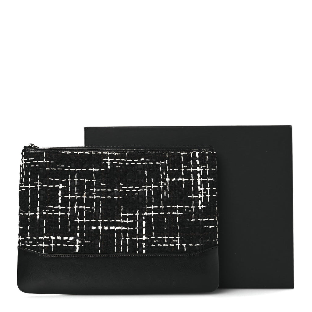 Chanel Tweed Calfskin Quilted Medium Cosmetic Pouch Black White