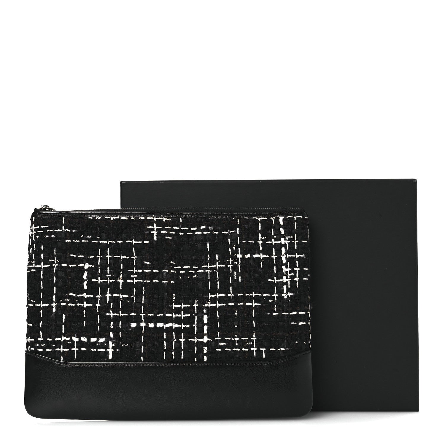 Chanel Tweed Calfskin Quilted Medium Cosmetic Pouch Black White