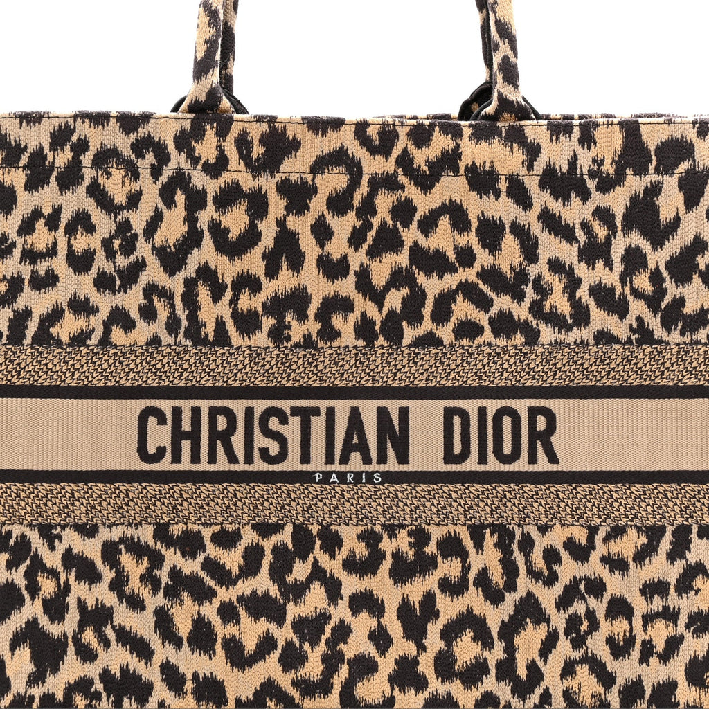Christian Dior Canvas Mizza Embroidered Large Leopard Book Tote Beige