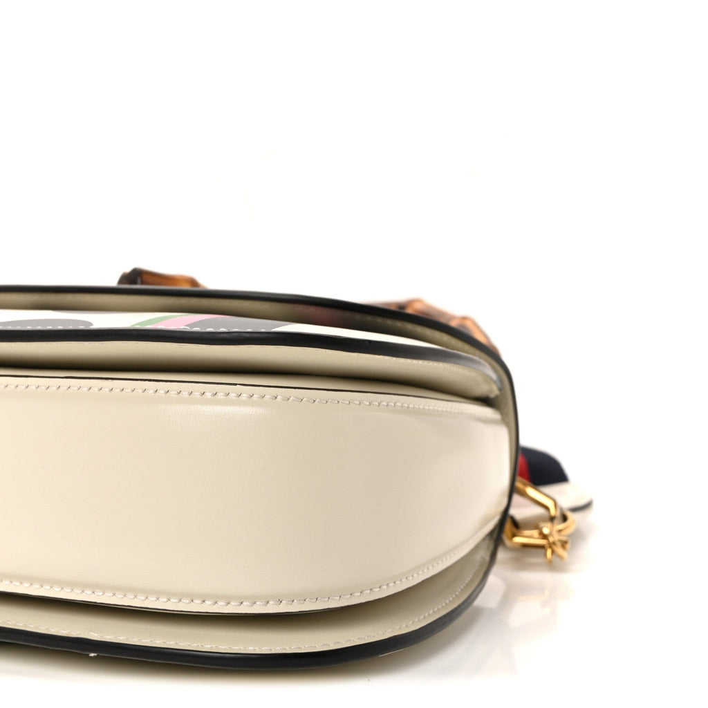 Gucci Calfskin Web Geometric Print Small Bamboo 1947 Top Handle Bag White Multi