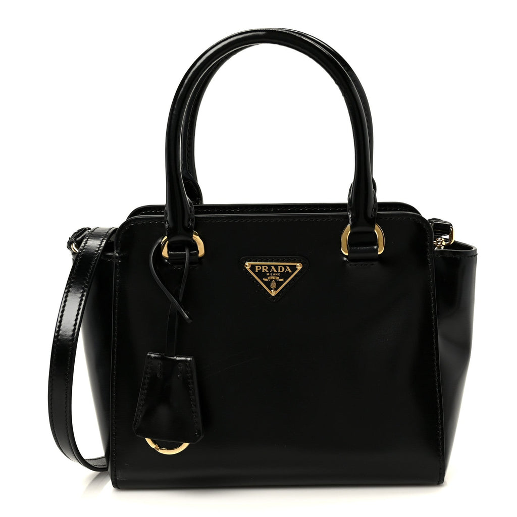 Prada Brushed Calfskin Mini Zippered Crossbody Tote Black