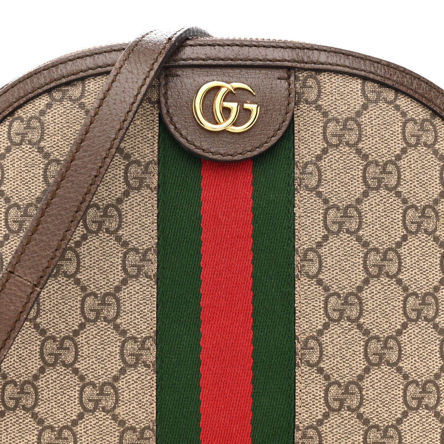 Gucci GG Supreme Monogram Textured Dollar Calfskin Web Small Ophidia Dome Shoulder Bag Beige Ebony New Acero