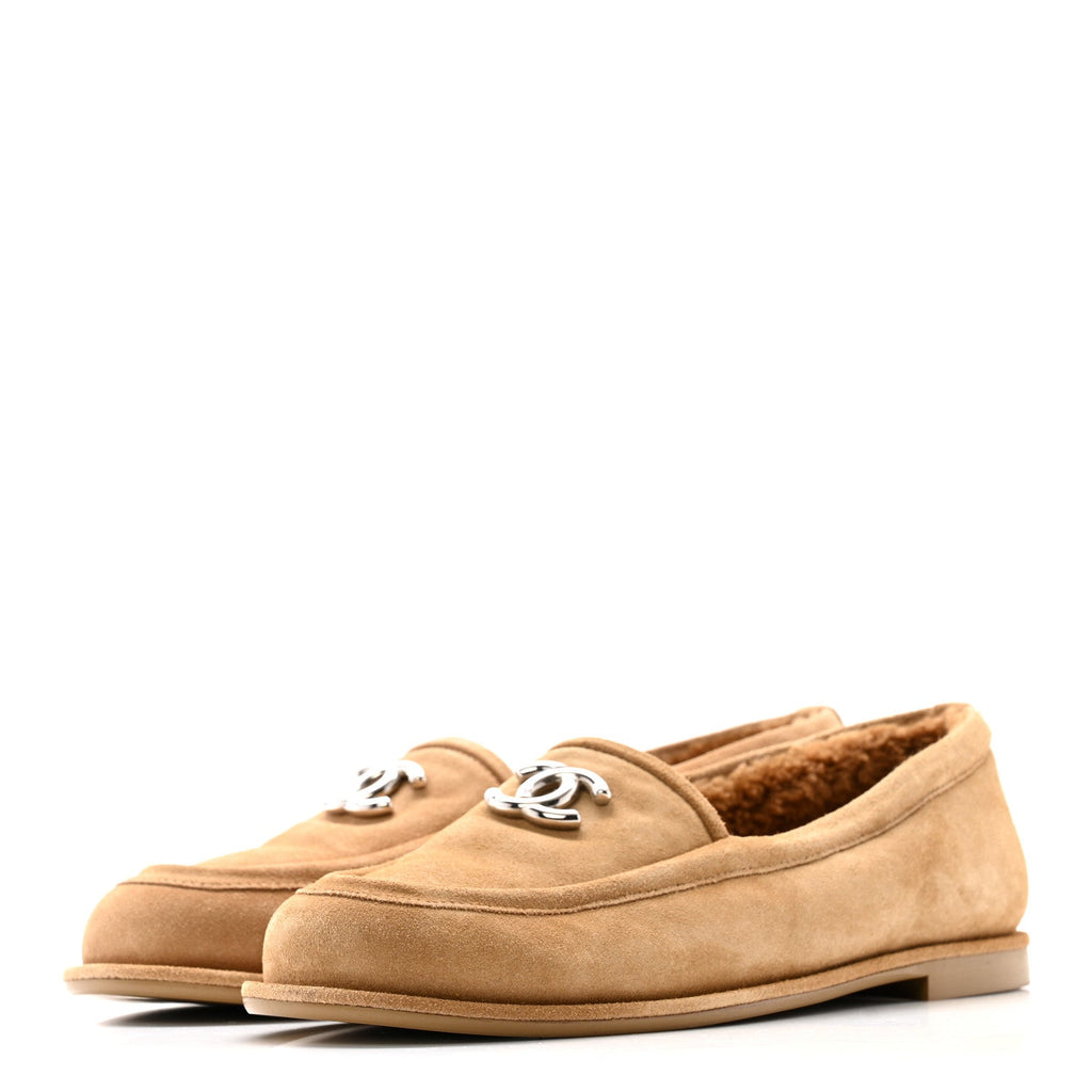 Chanel Suede Calfskin CC Loafers 38.5 Dark Beige