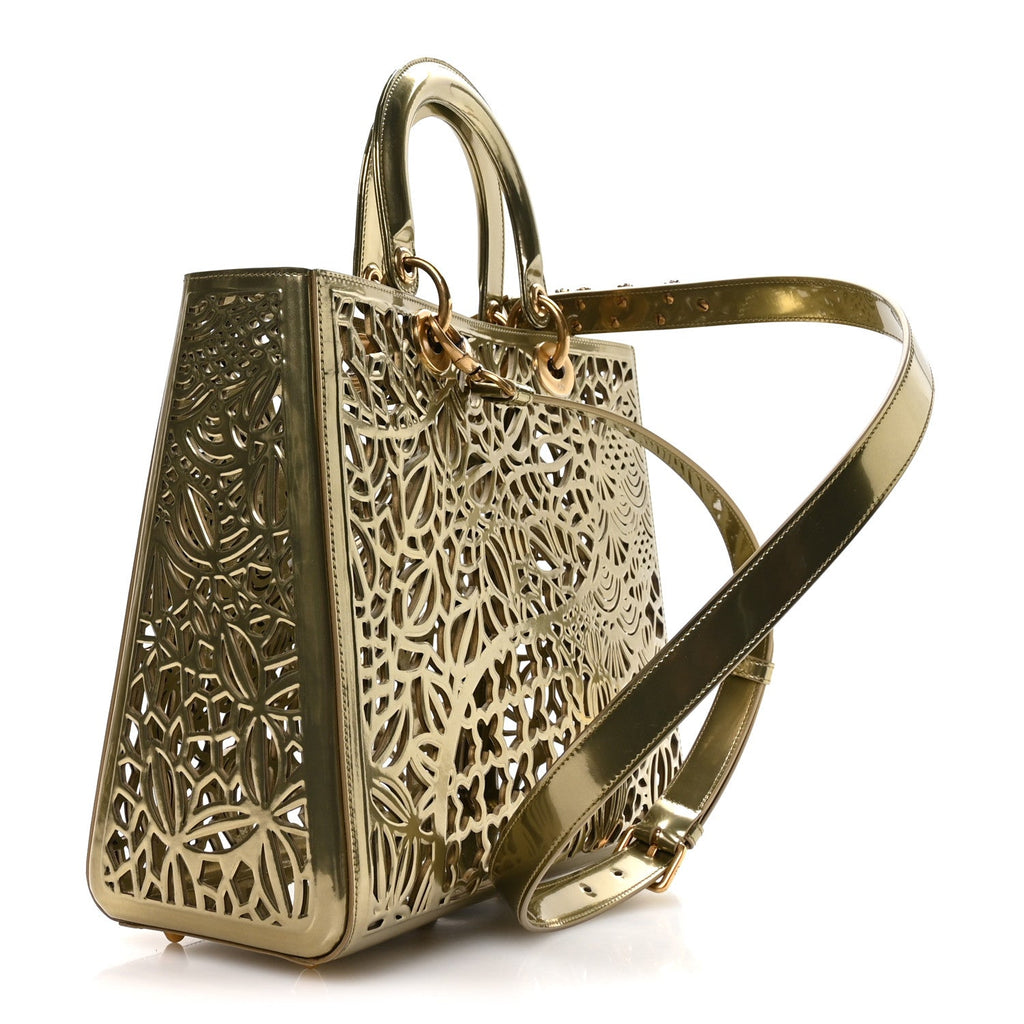 Christian Dior X DAVID WISEMAN Metallic Calfskin Laser Cut Large Lady Dior Gold