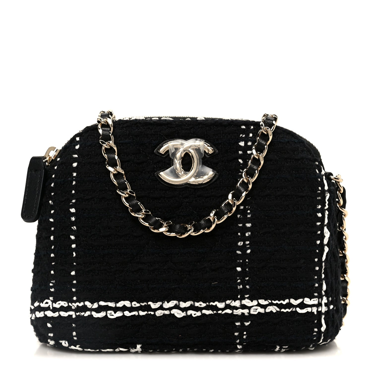 Chanel Tweed Quilted Mini Clutch With Chain Black White