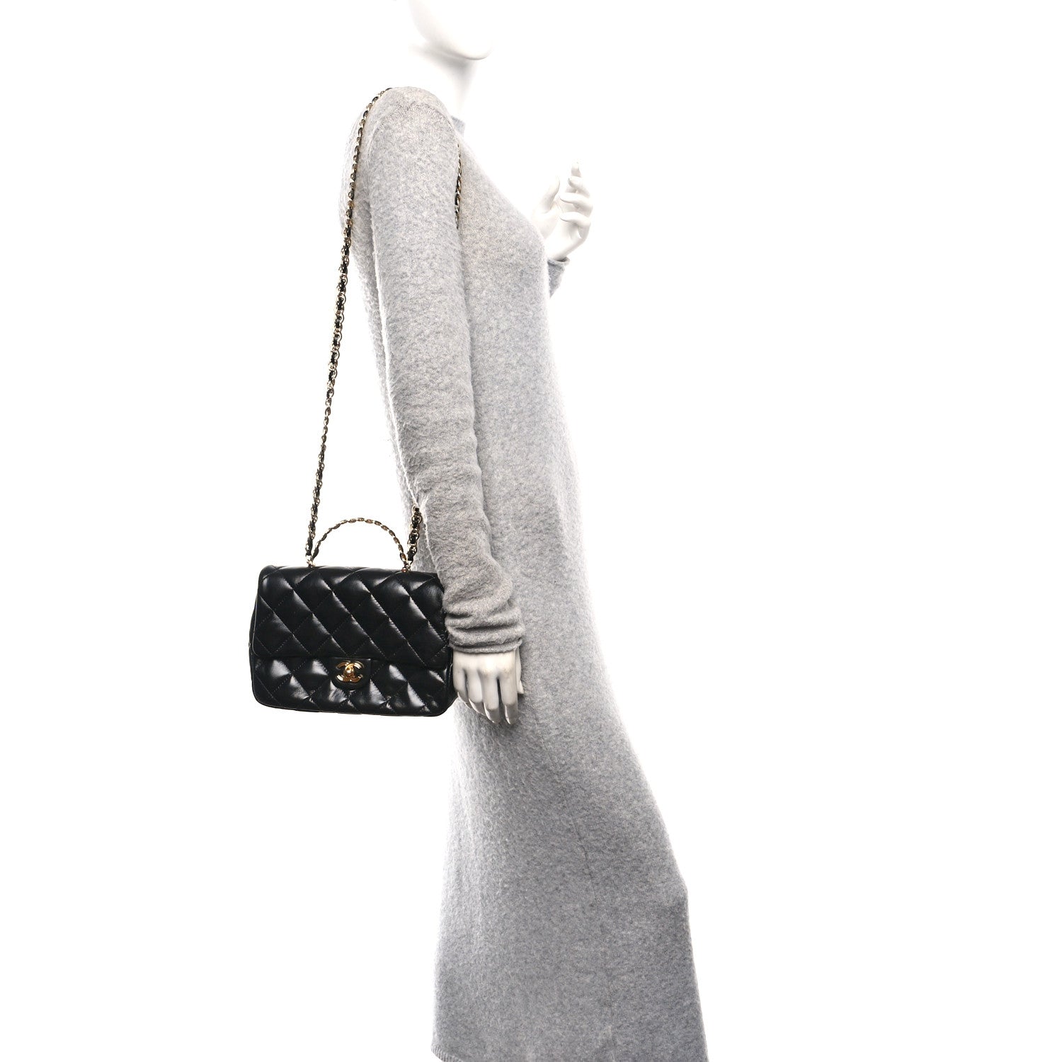 Chanel Shiny Lambskin Quilted Golden Links Top Handle Flap Black