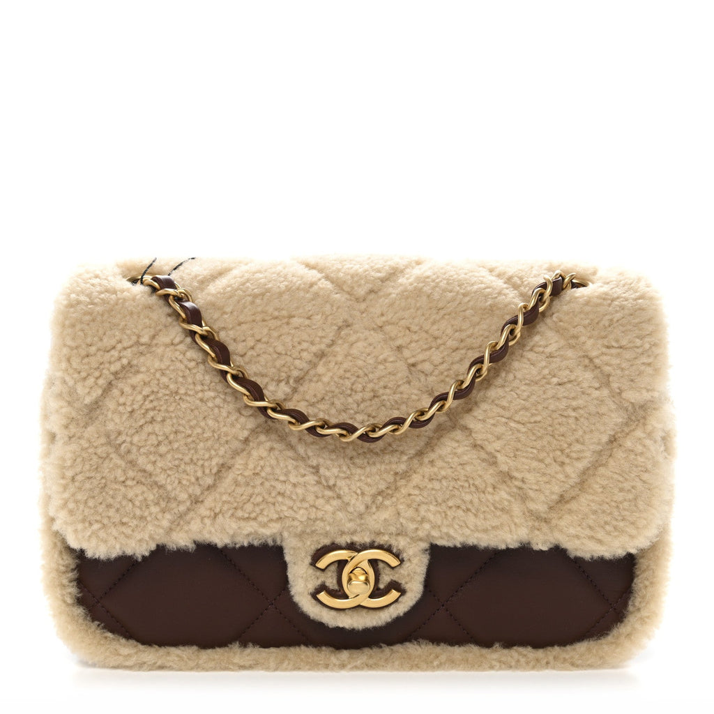Chanel Shearling Lambskin Quilted Furry Coco Flap Dark Brown Beige