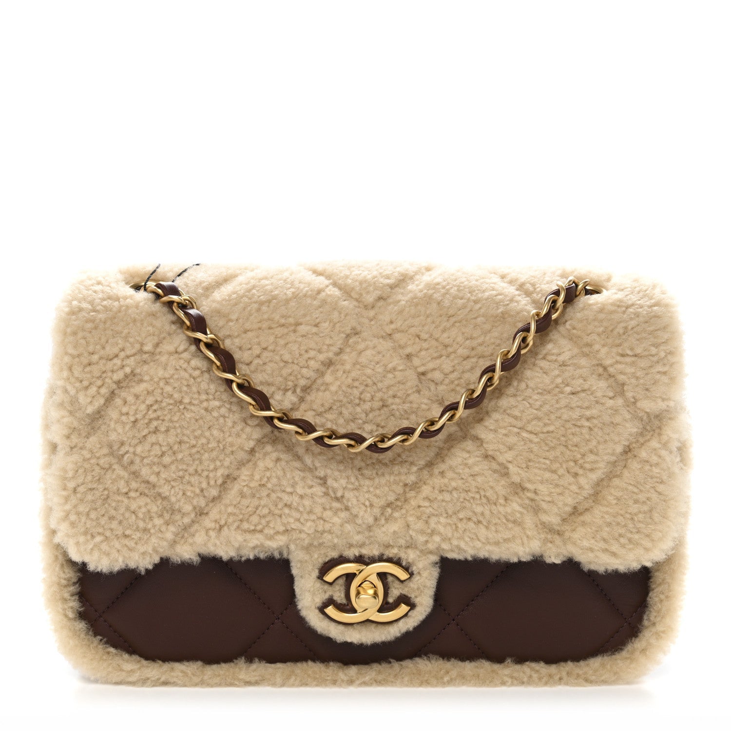 Chanel Shearling Lambskin Quilted Furry Coco Flap Dark Brown Beige