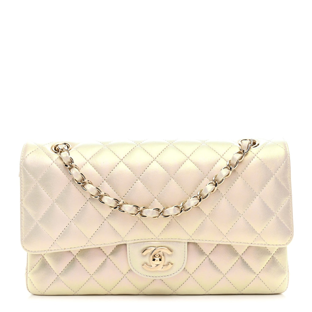 Chanel Iridescent Lambskin Quilted Medium Double Flap Ivory
