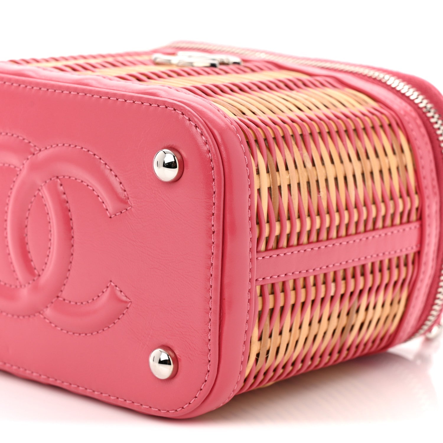 Chanel Calfskin Raffia Small Take Away Vanity Case Bag Pink Beige