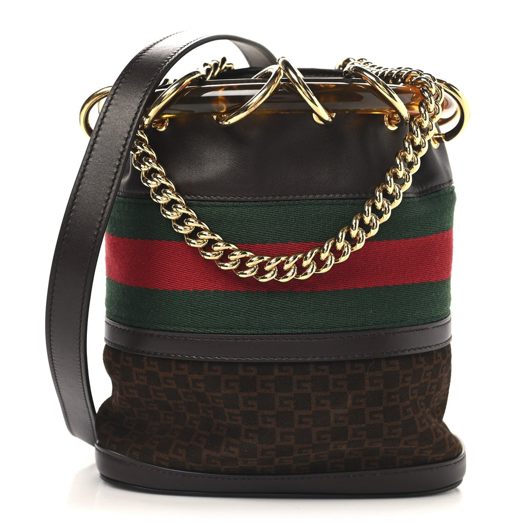 Gucci Suede Calfskin Web G Logo Bucket Bag Dark Brown