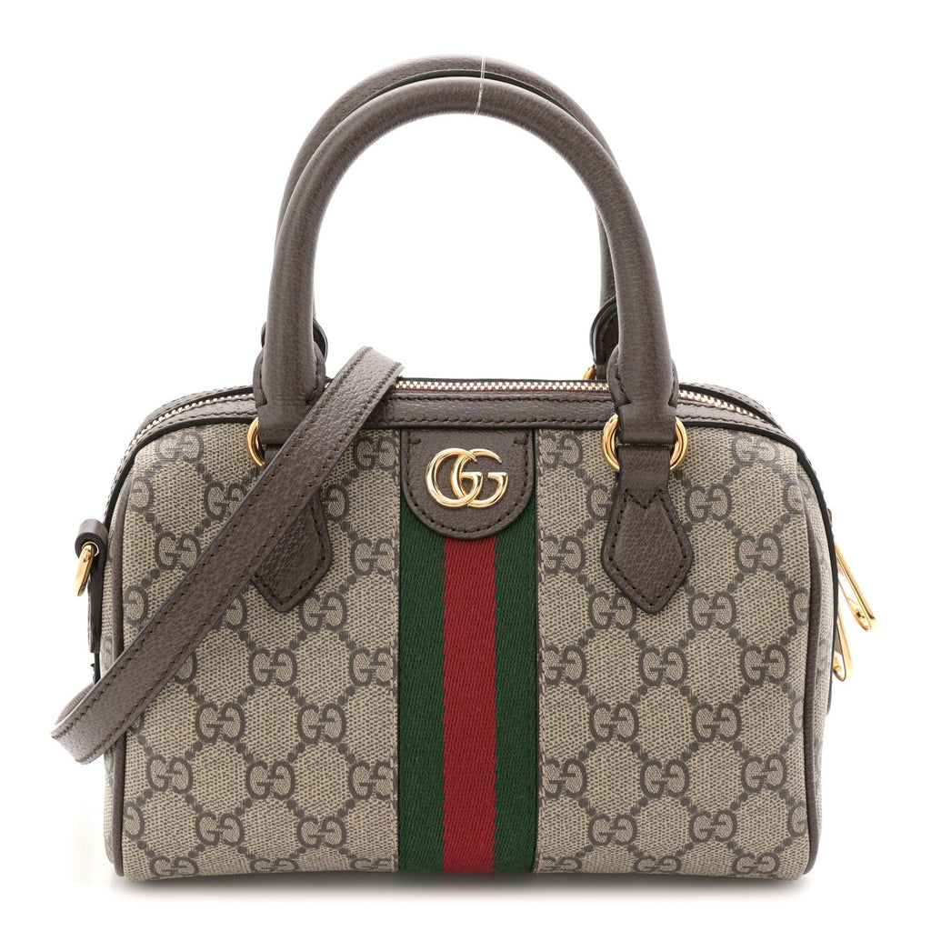 Gucci GG Supreme Monogram Textured Dollar Calfskin Web Mini Ophidia Top Handle Bag Beige Ebony New Acero