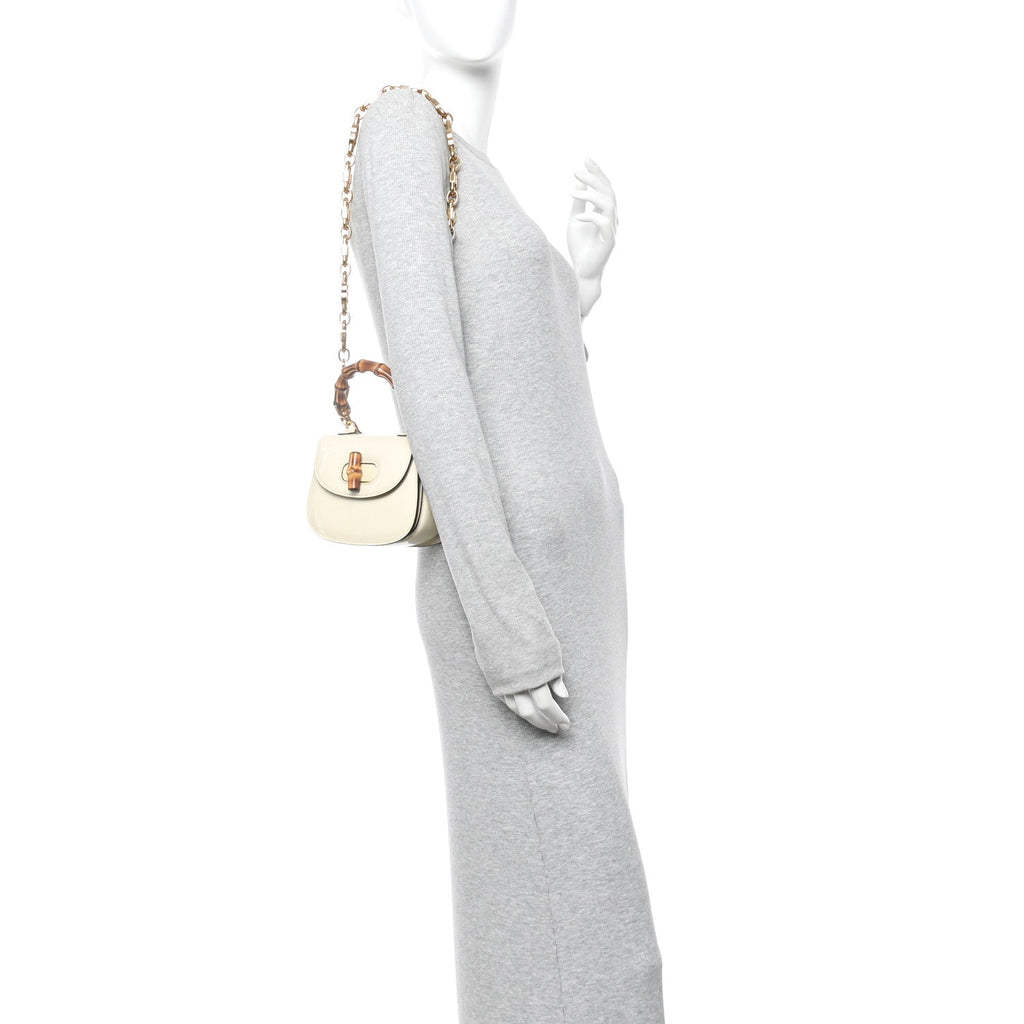 Gucci Patent Crystal Mini Bamboo 1947 Top Handle Chain Bag White