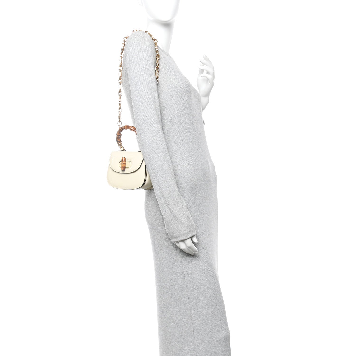 Gucci Patent Crystal Mini Bamboo 1947 Top Handle Chain Bag White