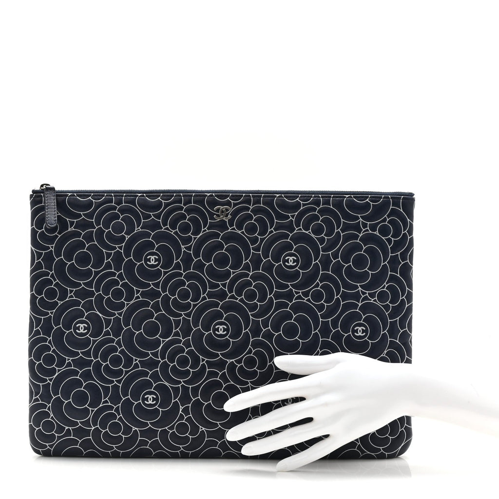 Lambskin Camellia Embossed Large Cosmetic Case Navy Silver
